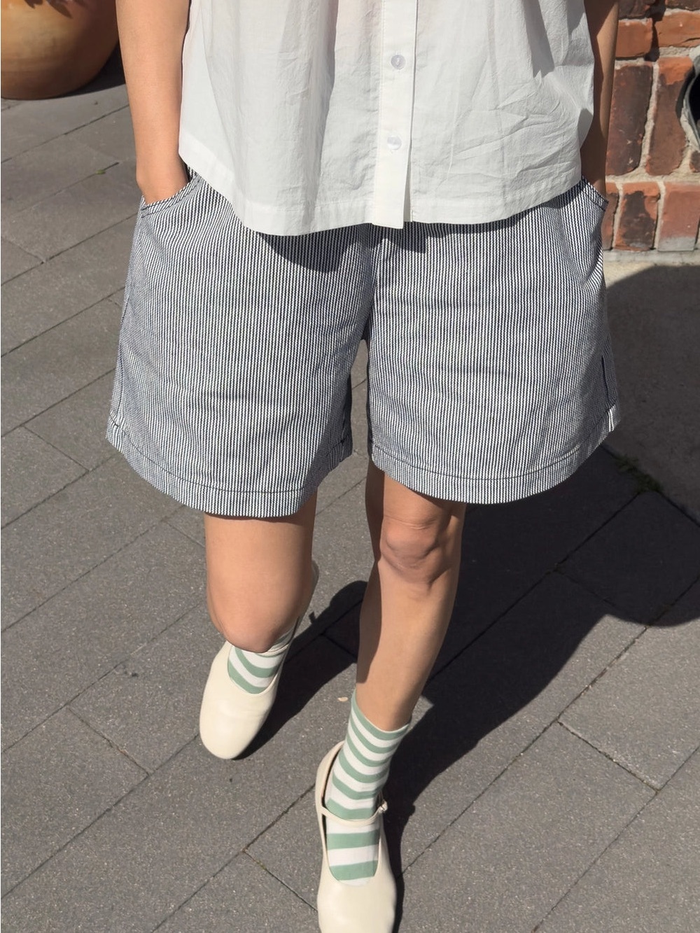 Relaxed Striped Bermuda Shorts in Black and White